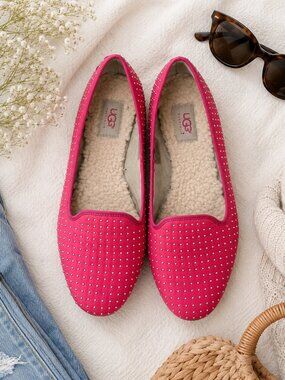 UGG Alloway Studded Flats Pink Leather Sheepskin Lined Loafers Size 10